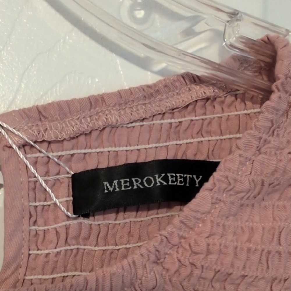 Merokeety Pink Long Sleeve High Waisted Flowy Boho Mini Dress NWT - Picture 3 of 9